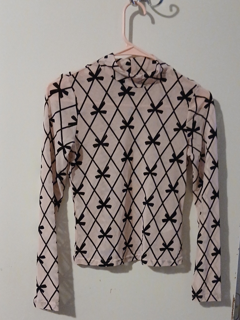Sheer Long-Sleeve Pink Patterned Mock Neck Top
